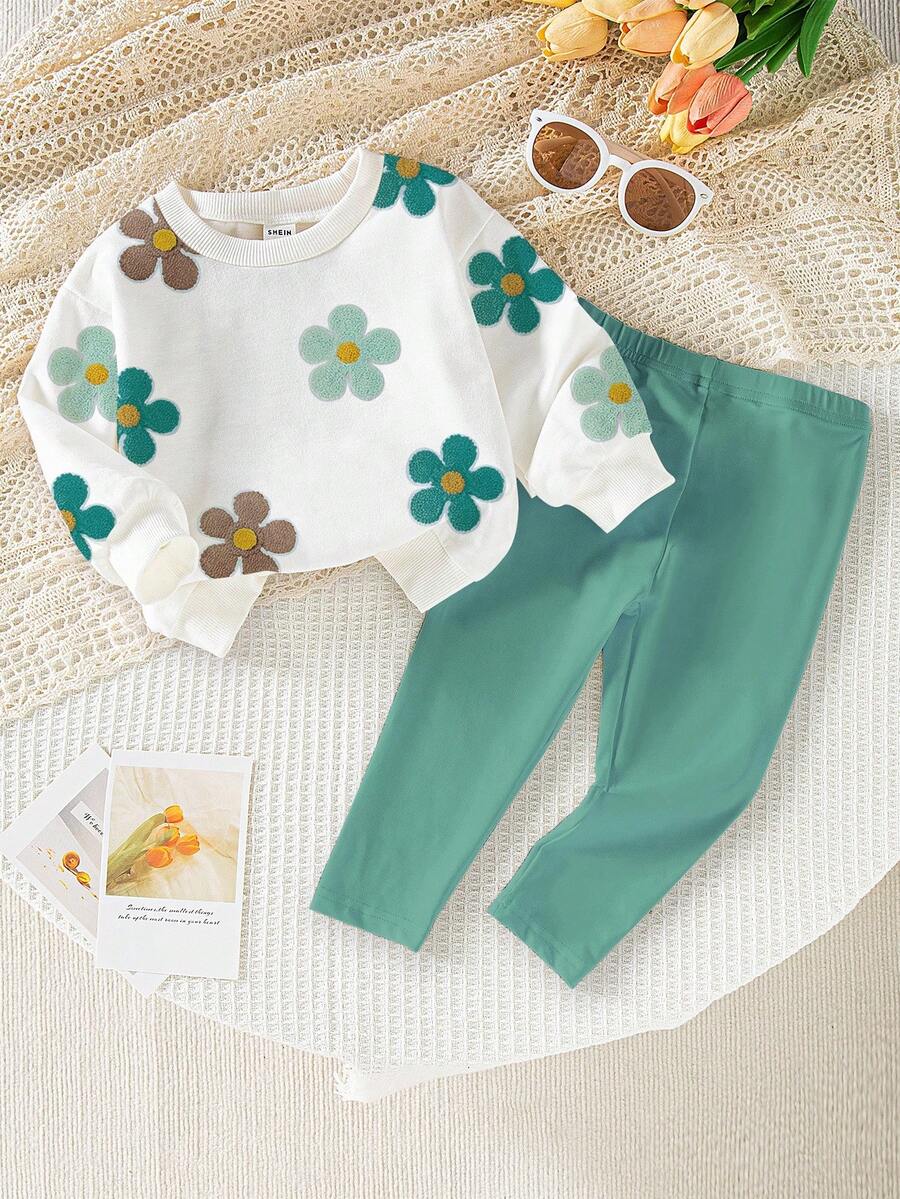 SHEIN Playful Pals 2 pezzi Set di felpa girocollo con stampa floreale e leggings rosa per bambine, carino e dolce, adatto per uso quotidiano e all'aperto, autunno/inverno