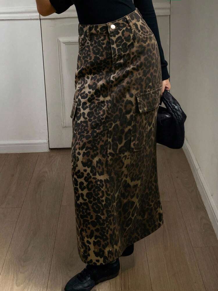 Autumn/Winter Casual Straight Brown Leopard Print Women Denim Skirt