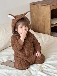 DAZY 女婴卡通耳朵装饰毛绒休闲长袖连体衣，秋冬季连帽衫女童服装 - 咖啡棕 - 查看 11