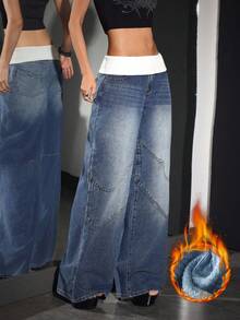 SHEIN Unity Women's Super Low Waist Loose Fit Thermal Lined Wide Leg Jeans - Blue - View 5