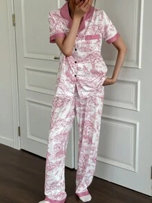 SHEIN 中国风动植物印花撞色拼布翻领短袖睡衣套装真丝睡衣套装女士睡衣套装粉色睡衣套装印花睡衣套装动物印花睡衣套装 - 粉色 - 查看 6