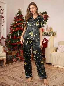 SHEIN 仿丝全印花圣诞主题纽扣前开睡衣套装 - 黑色 - 查看 4