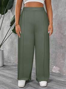 SHEIN PETITE CURVE Quần xếp ly màu trơn cỡ lớn dành cho nữ Petite - Màu xanh Ô liu - Xem 4