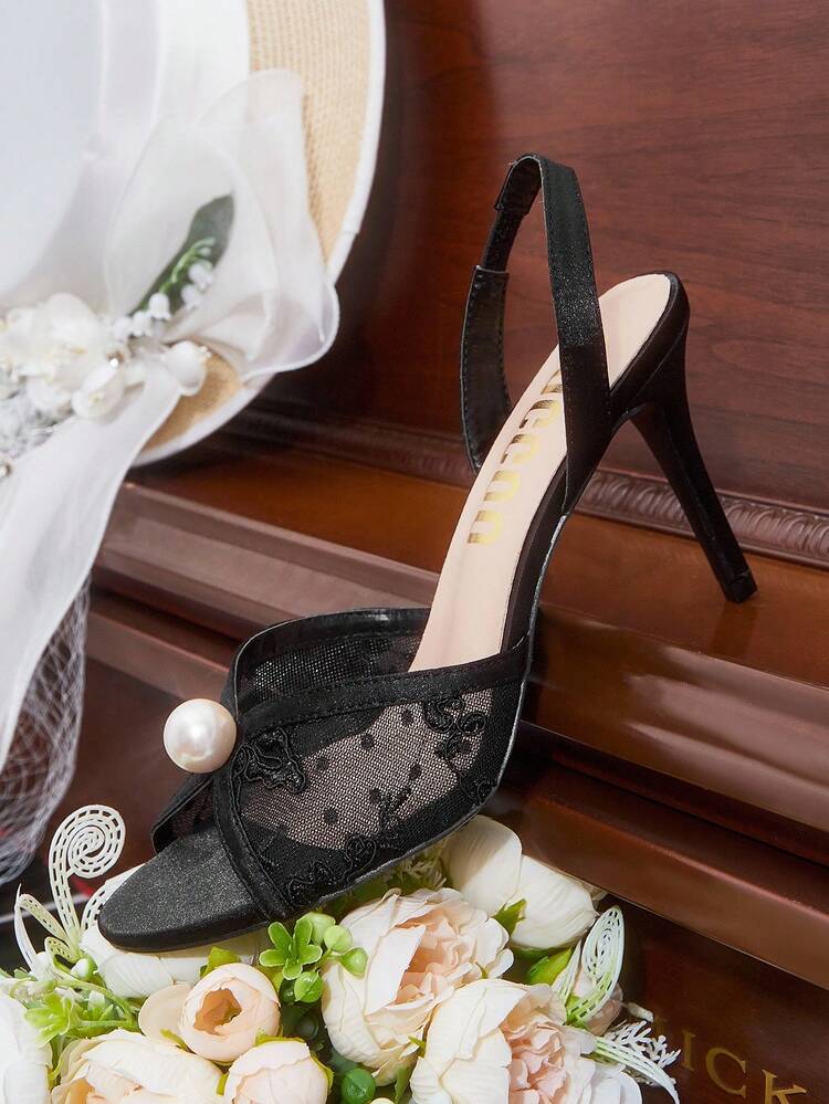 CUCCOO HITCHD Women's Black Peep Toe Stiletto Heel Lace Mesh Faux Pearl Elegant Wedding Party High Heel Sandals For Christmas Elegant Shoes Wedding Shoes Summer Shoes Bride Shoes
