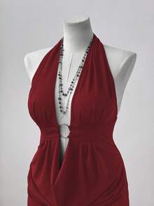 Sunspun 时尚夏季性感垂坠领镂空紧身连衣裙 - 酒紅色 - 查看 4