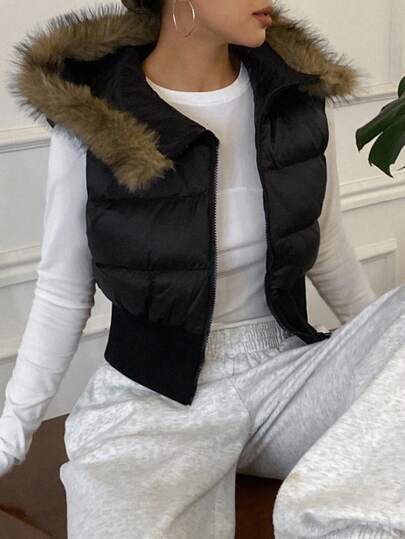 Livesso Patchwork Fur Collar Short Padded Vest Winter Jacket Vest