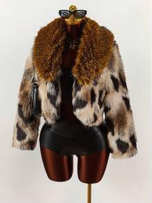 Amplova 女士复古豹纹仿皮草夹克，秋冬 - 彩色 - 查看 9