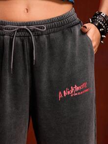 A Nightmare on Elm Street X ROMWE Women's Casual Fashion Street Letter Graphic Drawstring Waist Slant Pocket Loose Wide Leg Sweatpants - Black - View 5