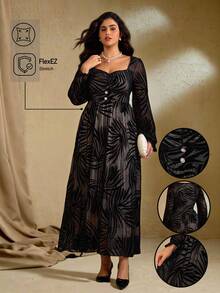 Roveilla Robe longue élégante à col carré vintage pour femmes grandes tailles, tenue de soirée - Noir - Voir 5