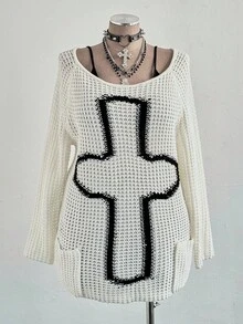 Sunspun Damen lässiger, weiter Pullover mit Taschen, Langarm, ausgeschnitten, Große Größen - Weiss - Übersicht 5