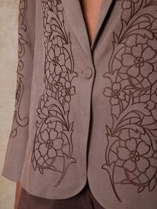 SHEIN Privé VITNOS Women's Luxury Elegant Brown Floral Blazer,Embroidered Fabric Shawl Collar Long Sleeve Coat For Summer Tea Party,Wedding,Business Casual,Dates - Brown - View 8