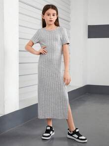 Vestido largo y cómodo para niñas adolescentes con diseño de costillas verticales y abertura lateral para el verano - Gris - Ver 6