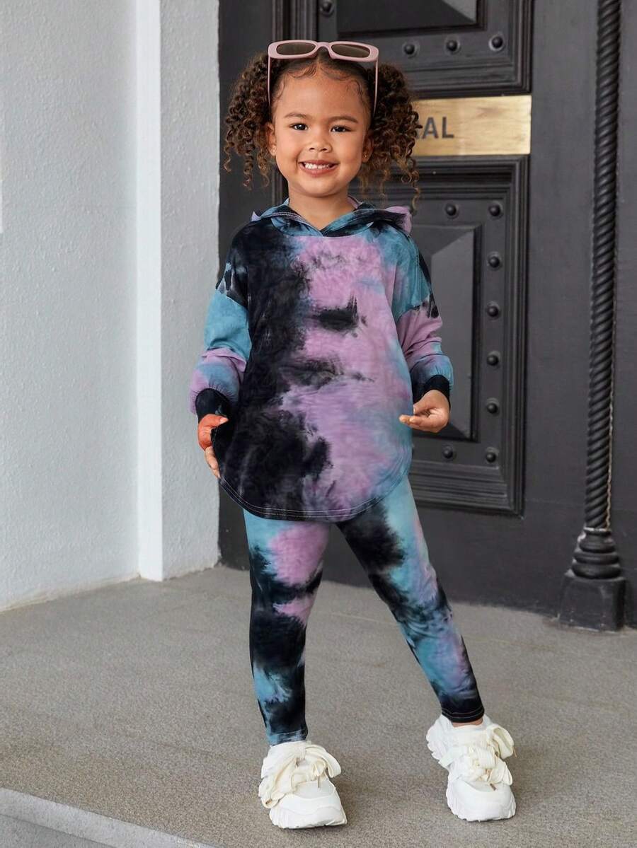 SHEIN 年轻女孩扎染不对称下摆落肩连帽衫和紧身裤两件套服装,舒适,秋冬,非常适合休闲和日常穿着以及学校日常,酷炫街头女孩,Y2K 女孩 - 彩色 - 查看 1
