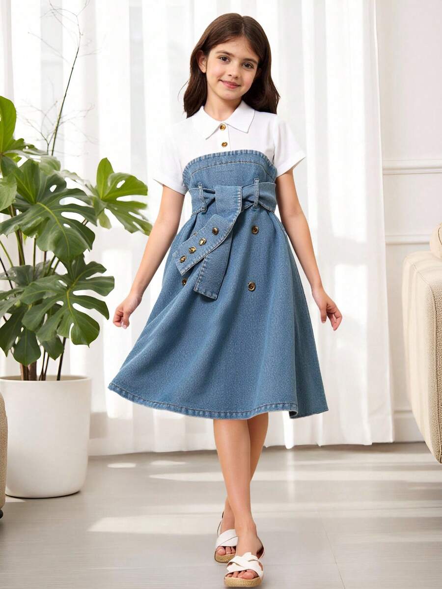 Tween Girl Patchwork Denim 2 In 1 Dress - Medium Wash - View 1
