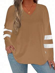 Plus Striped Print V Neck Tee Graphic Tees Women Tops - Brown - View 3