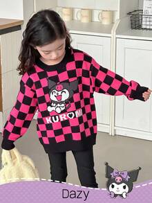 DAZY HELLO KITTY AND FRIENDS | SHEIN 少女格纹卡通图案长袖圆领毛衣 - 玫紅色 - 查看 3