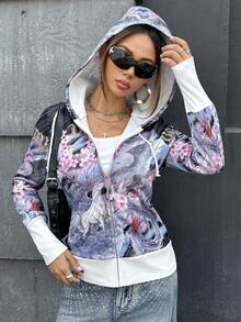 SHEIN ICON Women's Vintage Floral & Animal Print Drawstring Hooded Sweatshirt In Fall/Winter - Multicolor - View 1