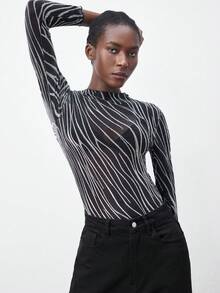 Maija Women's Zebra Print Mesh Round Neck Long Sleeve Bodysuit Fall Clothes For Women Halloween Costumes Cosplay Black Bodysuit - Black - View 5