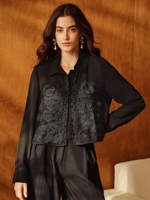 Anewsta Blusa negra de manga larga y cuello elegante para mujer, con detalles bordados