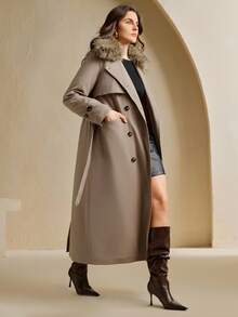 Anewsta 时尚仿毛领风衣，适合秋季、冬季、新年等场合，优雅别致，时尚有型，圣诞节、外出等场合皆宜，女士冬季服装 - 卡其色 - 查看 4