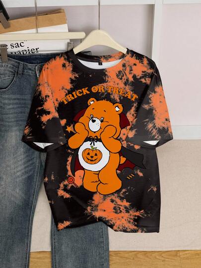 SHEIN X Care Bears 南瓜和万圣节字母印花扎染图案休闲舒适圆领短袖女式T恤