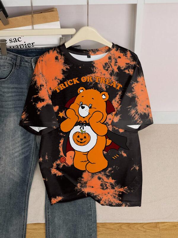 SHEIN X Care Bears Pumpkin & Halloween Letter Print Tie-Dye Graphic Casual Comfortable Round Neck Short Sleeve T-Shirt For Women