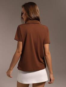 Hanevo Women's Solid Color Ribbed Polo Collar Short Sleeve Casual T-Shirt - Brown - View 2