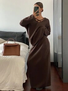 DAZY 2pcs/Set Women Loose Casual Brown Knitted Sweater Set, Autumn/Winter - Brown - View 6