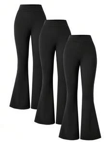 Sparklyn Conjunto de 3 pantalones deportivos informales y cómodos de moda para adolescentes, con diseño personalizado de cintura, corte de pierna acampanada, adecuado para interiores/exteriores, fiestas, deportes, viajes, escuela, transporte, cualquier ocasión, primavera/otoño/invierno - Negro - Ver 3