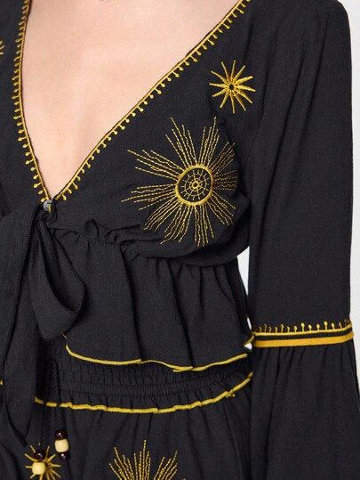 EDITION 2pcs/Set Casual Vacation Mysterious Star & Moon Embroidery Top And A-Line Skirt Set For Women