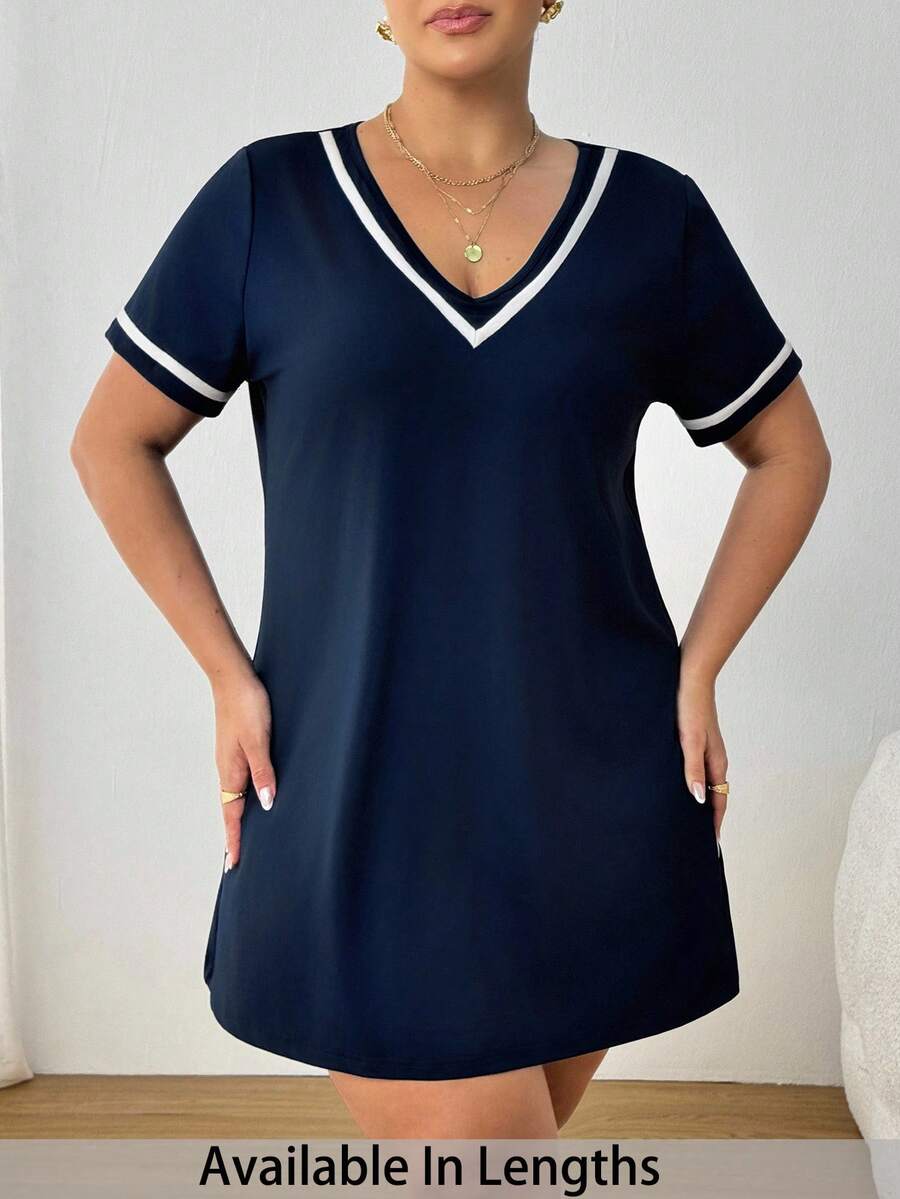 SHEIN PETITE CURVE 大码时尚休闲V领拼色丝带针织连衣裙 - 藏蓝色 - 查看 1