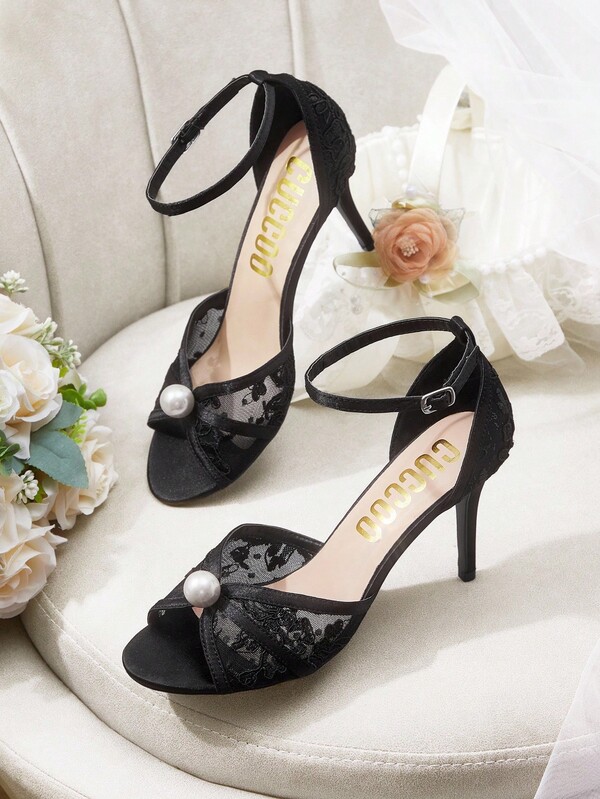 CUCCOO HITCHD صنادل نسائية ذات كعب عالي أنيقة للحفلات والزفاف، بتصميم شبكي من الدانتيل والخرز، مفتوحة من أمام القدم