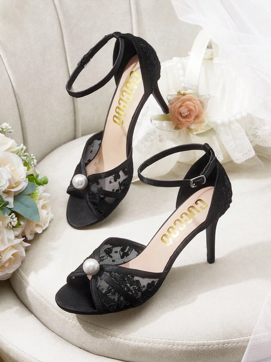 CUCCOO HITCHD 女士黑色露趾蕾丝网珍珠优雅婚礼派对高跟凉鞋 - 黑色 - 查看 1