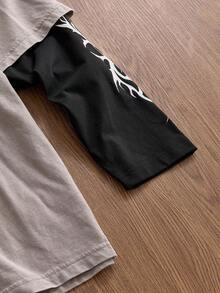 Manfinity VCAY 男士休闲时尚针织圆领二合一字母印花T恤，适合秋季穿着，情侣款 - 卡其色 - 查看 4