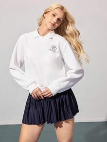 CourtClass 女式秋冬保暖衬里 Polo 领套头衫，宽松版型，个性化网球标语印花，休闲运动网球 Polo 衫 - 白色 - 查看 3