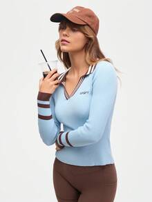 Easify SHEIN Sport كنزة صوفية كاجوال للنساء بأكمام طويلة وياقة على شكل حرف V مع تريم مخطط متباين، طراز رياضي للتنقل اليومي، موسم الخريف