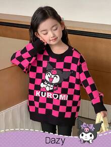 DAZY HELLO KITTY AND FRIENDS | SHEIN 少女格纹卡通图案长袖圆领毛衣 - 玫紅色 - 查看 5