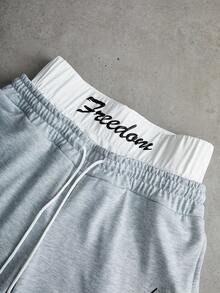 Manfinity EMRG Men's Street-Style Popular INS Matching "FREEDOM" Embroidered Fashionable Embroidery Outdoor Music Festival Nightclub Boyfriend/Husband Gift Anniversary Gift 2 In 1 Double Waistband Sweatpants , Grey Sweatpants , Baggy Sweatpants , Men Sweatpants , Graphic Sweatpants - Light Grey - View 3