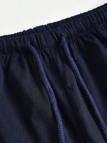 Girlism Teen Girls Navy Blue Ribbed Long Sleeve Mock Neck Contrast Trim Button Design Tight Fit Turtleneck Top And Wide Leg Pleated Pants Casual Street Chic Two Pieces Set Fall Winter