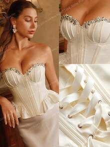 Anewsta Savoree Champagne Satin Bustier Corset Top With Rhinestone Embellishment, Ruffle Hem Design, Elegant For Dates, Parties, Wedding Guest - White - View 5