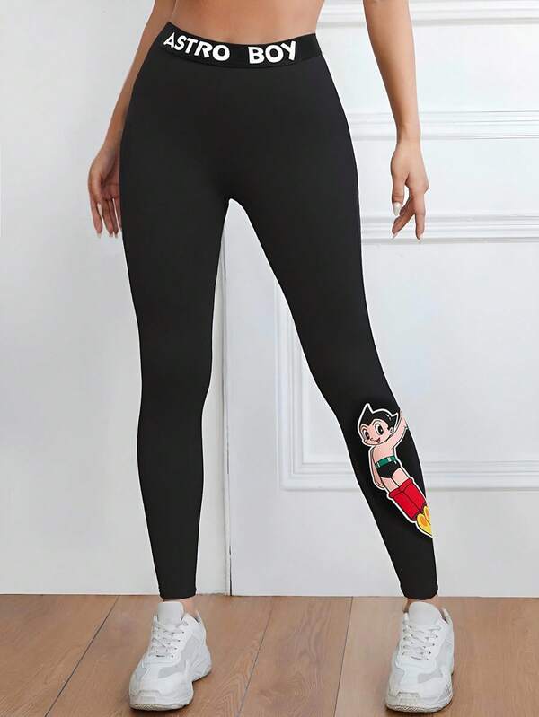 Astro Boy X SHEIN Women's Cartoon Figure Graphic Black Leggings,Fall Cloth For Women