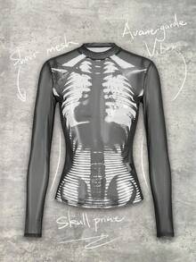 Y2Kool Gumgfx Top transparent à manches longues avec motif de squelette en maille, couleur gris foncé. Convient pour l'été, l'automne, les vacances, les fêtes et les tenues décontractées. Top en maille transparent, Top à manches longues en maille, Top transparent, top transparent. Idée de tenue assortie pour l'hiver