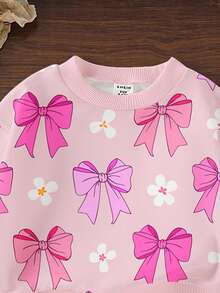 SHEIN 女嬰休閒可愛 Daddy's Girl 時尚甜美蝴蝶結花卉印花圓領運動衫與運動長褲套裝，嬰兒粉色，秋冬拍照穿搭 - 彩色 - 查看 4
