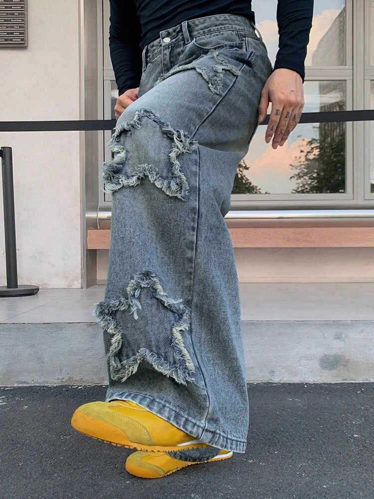 Men's Distressed Patchwork Denim Jeans With Pentagonal Design, Streetwear Style, Autumn Y2k Jeans Distressed Jeans