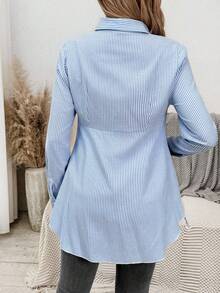 SHEIN 秋装，秋季服装，孕妇装秋冬装孕妇条纹长袖单排扣休闲百搭衬衫棉质孕妇衬衫 - 藍色 - 查看 2