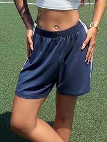 Bearsaez Women's Summer Casual Vintage Sports Blue Striped Side Track Shorts - Navy Blue - View 5