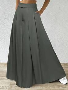 SHEIN EZwear 春夏大码百褶休闲阔腿裤 - 灰色 - 查看 5
