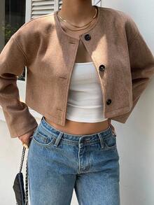 Siren Gaze Women's Solid Color Round Neck Drop Shoulder Short Jacket, New Autumn Style,Cropped Blended Overcoat, Travel Jacket, Motorcycle Wear