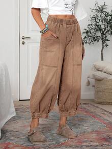 EMERY ROSE 女式松紧腰口袋宽松休闲锥形牛仔裤 - 棕色 - 查看 6