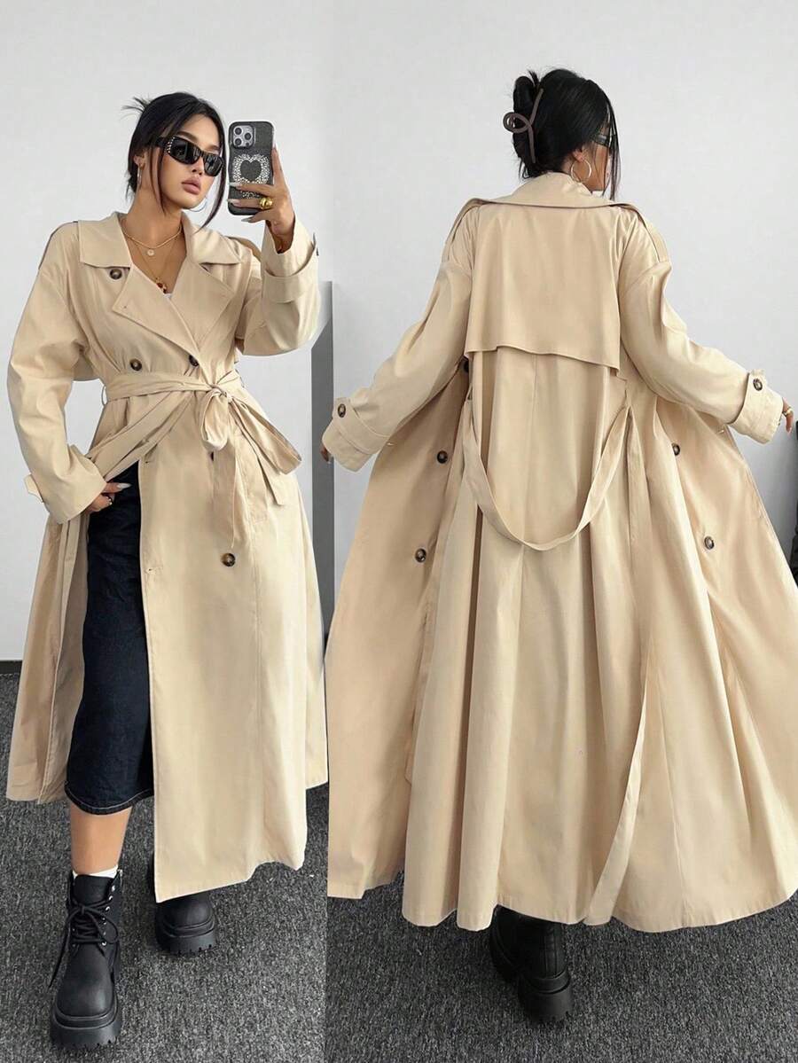 POPSWAY New Elegant Maxi Khaki Double-Breasted Straight Loose Cinched Waist Lapel Long Sleeve Windbreaker Coat For Women, Fashion Minimalist Chic Outerwear Winter Fall Autumn - Khaki - View 1